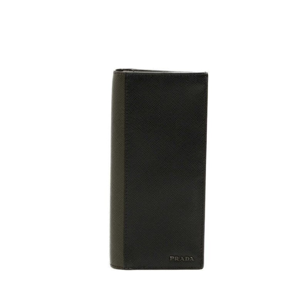 Prada Saffiano Logo Long Wallet Black Green